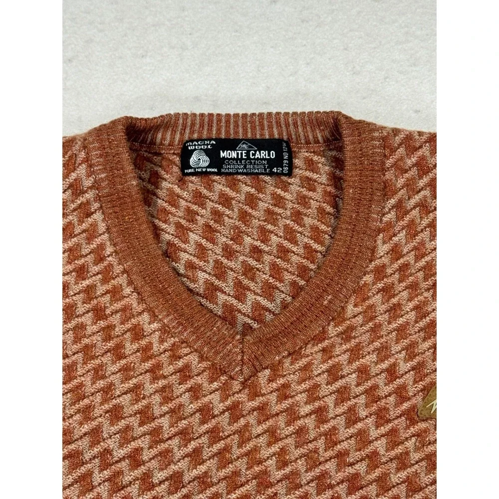 Monte‎ Carlo Collection Sweater Mens 42 Brown Houndstooth Wool Shrink Resist